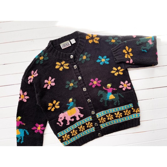 black embroidered sweater 80s 90s vintage Forenza elephant horse floral cardigan - Picture 2 of 6